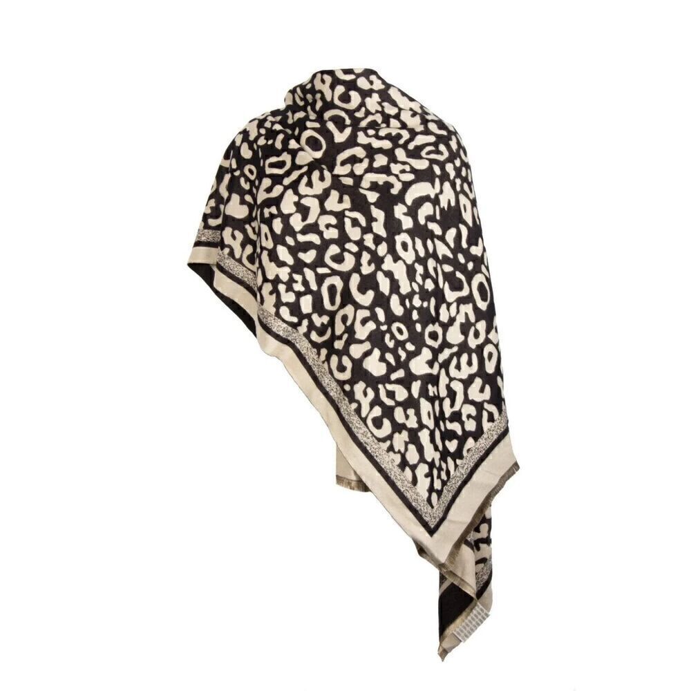 SAACHI Long Scarf Wrap Reversible Woven Animal Print Black Ivory Tan 25" x 74"